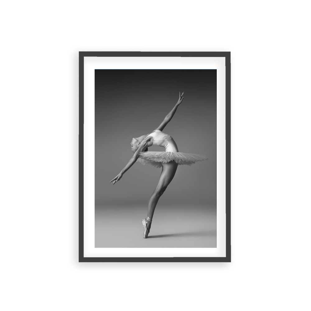 Plakat Ballerina arrow z tańczącą baletnicą, biało-czarny w ramie