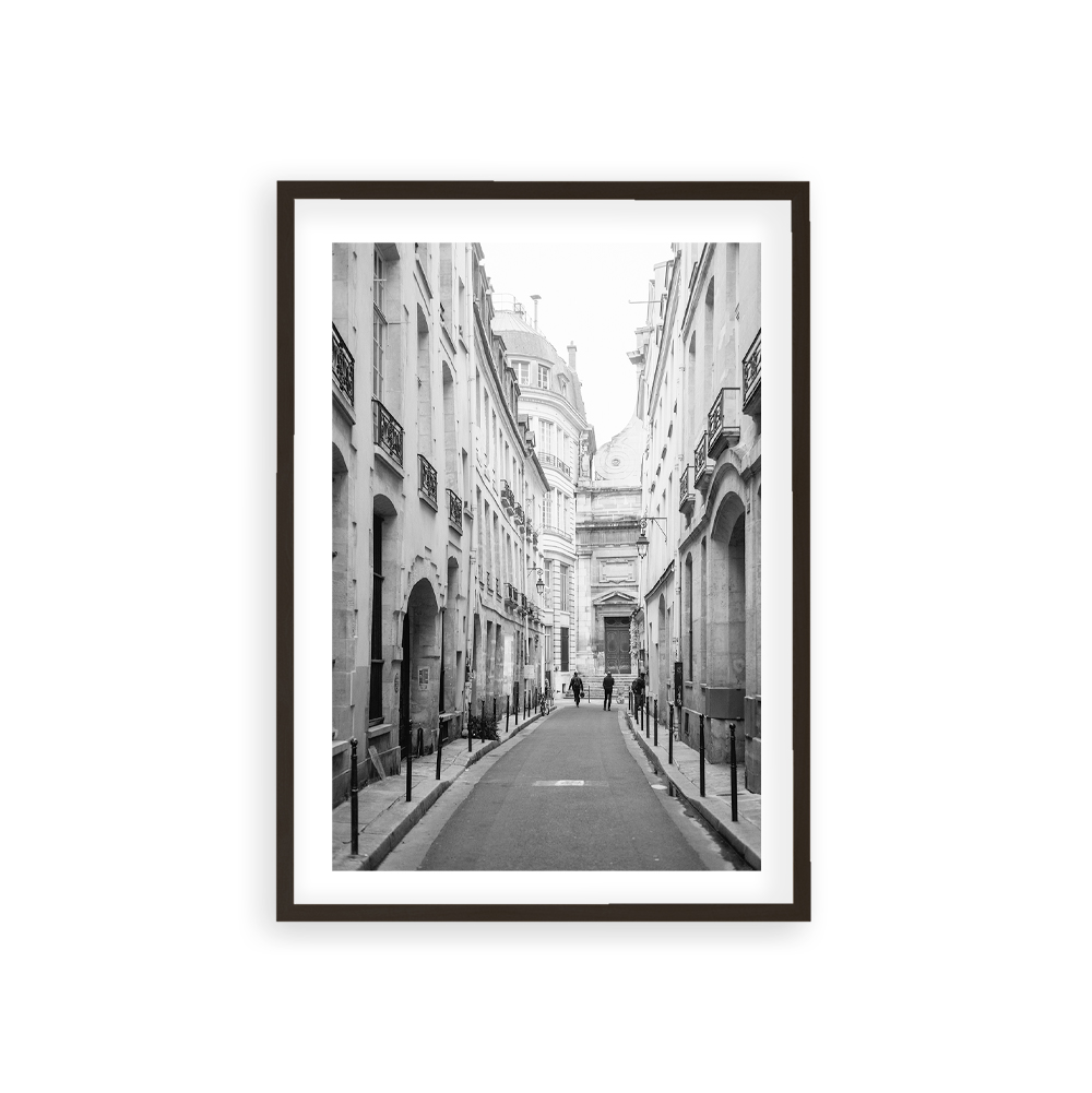 Plakat Marais Street, czarno-biały plakat z urokliwą, paryską uliczką