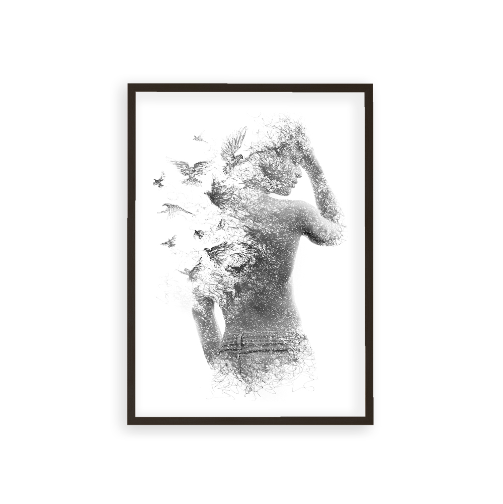 Plakat Bird Soul z rozmytymi kobiecymi plecami i ptaki w czarnej ramie
