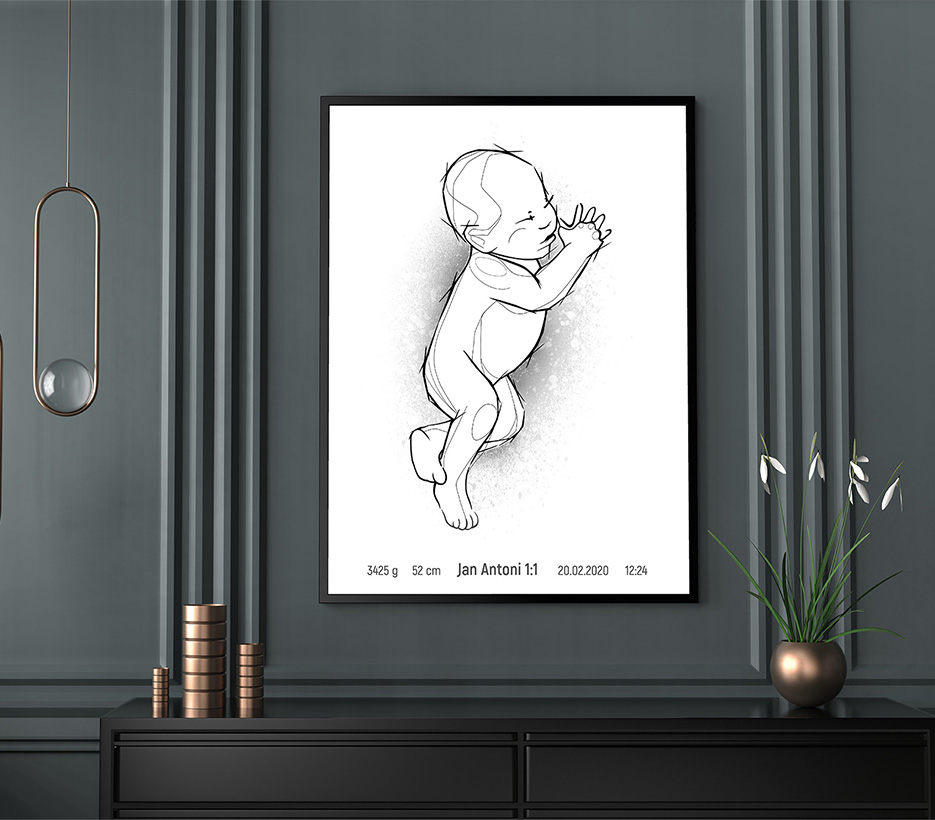 Plakat metryka dla noworodka w drewnianej ramie