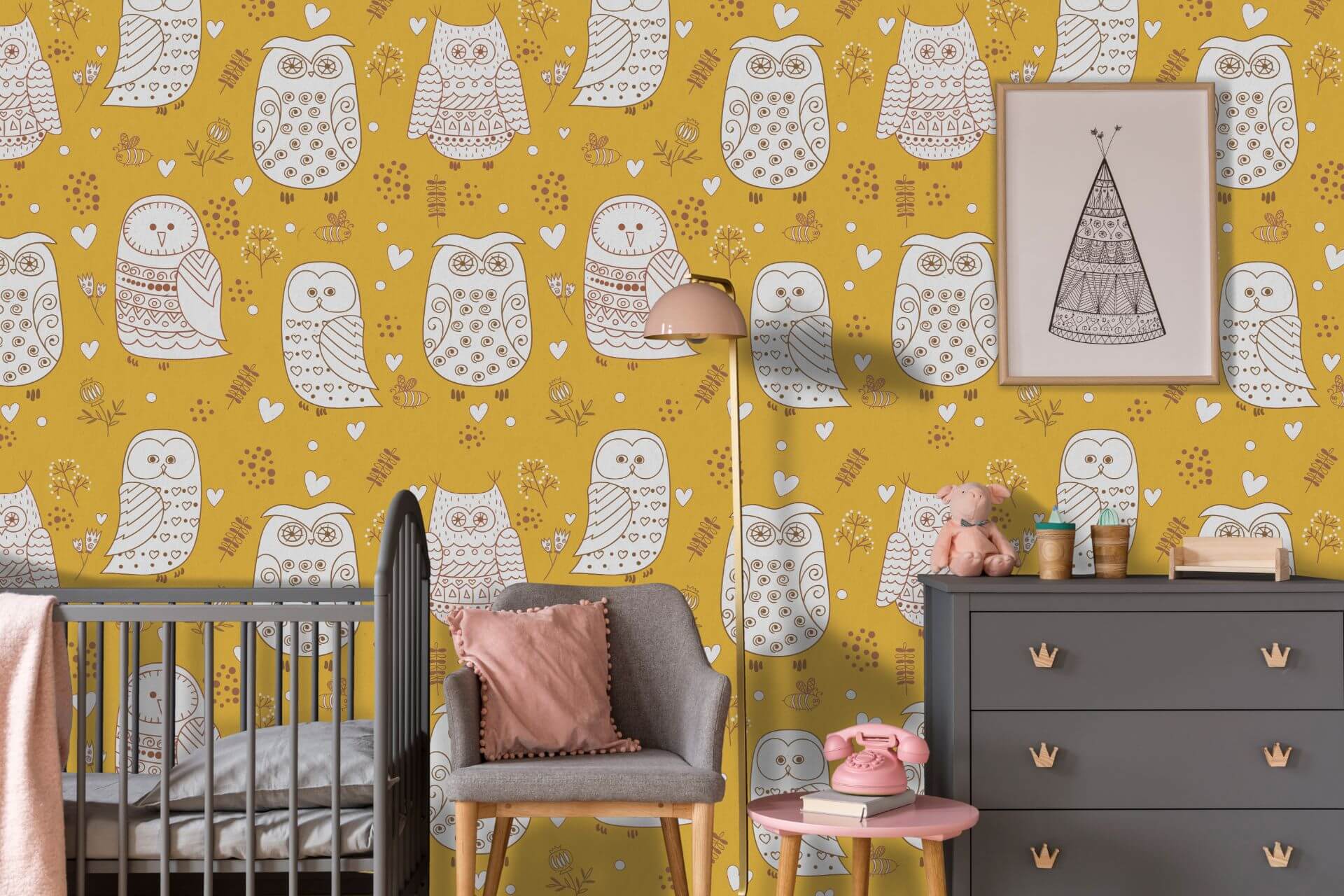 Ekologiczna tapeta dziecięca Owls w sówki na żółtym tle