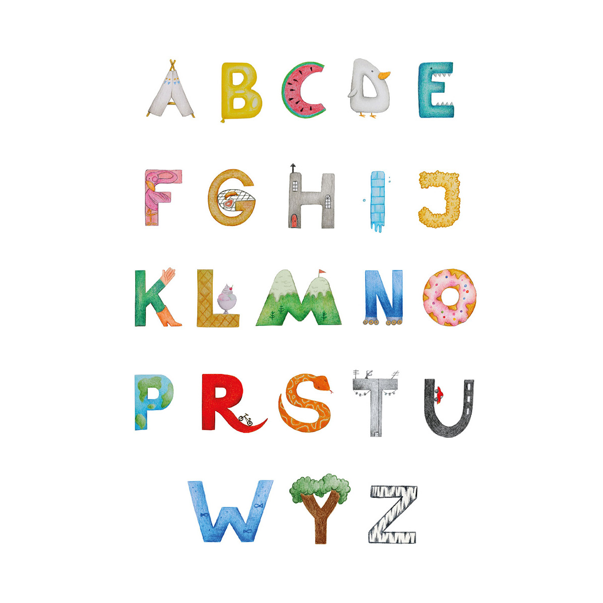 Plakat edukacyjny Literki 2 z alfabetem w formie małych ilustracji